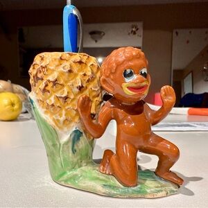 Japanese Vintage Ceramic Pen Holder with Monkey Boy Pineapple Design